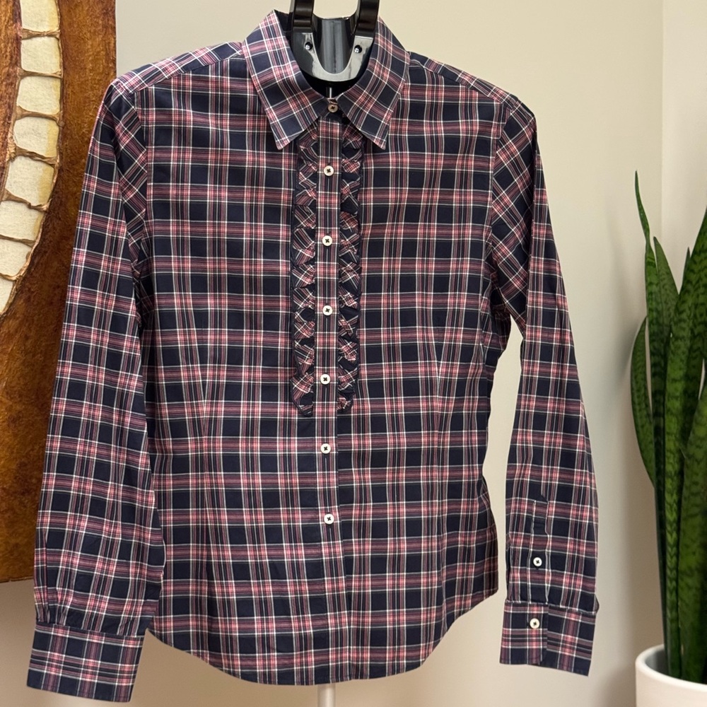 Brooks Brothers Cotton Plaid Ruffled Button-Up Shirt